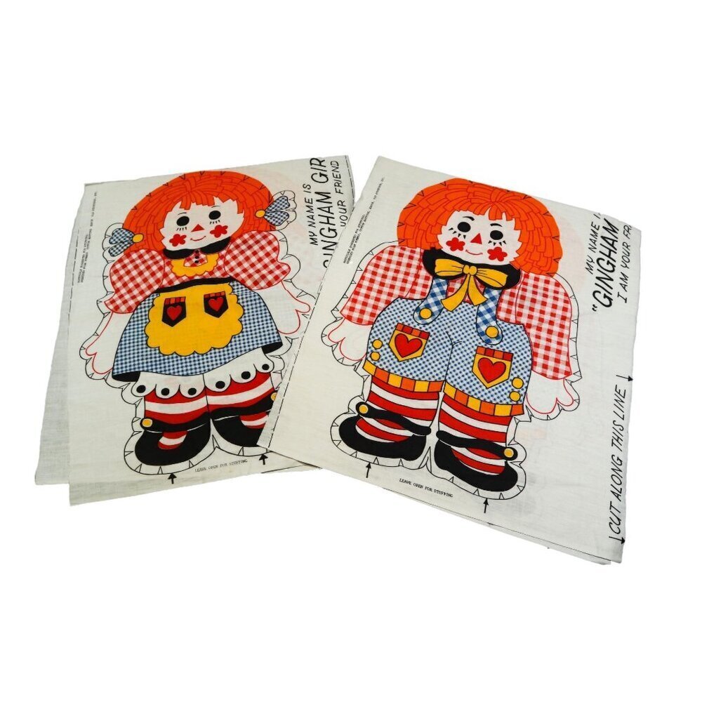 Vintage Raggedy & Andy Gingham Cut and Sew Pattern Fabric Panel Doll Pillows
